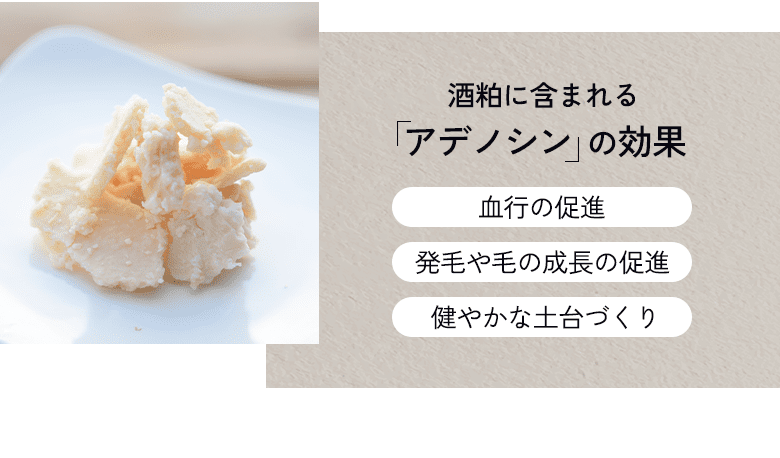 酒粕に含まれるアデノシンの効果。「血行の促進」「発毛や毛の成長の促進」「健やかな土台づくり」