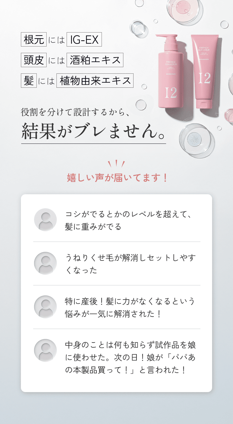 根元にはIG-EX、頭皮には酒粕エキス、髪には植物由来エキス。役割を分けて設計するから、結果がブレません。